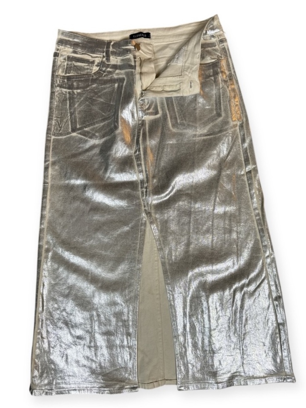 ELEVEN22 SILVER METTALIC COATED DENIM MAXI SKIRT HIGH SLIT Y2K FUTURISTIC GLAM - Picture 7 of 12